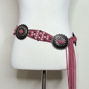 Vintage Western Concho Beaded Suede Belt Pink Mauve Silver Boho 70” Long